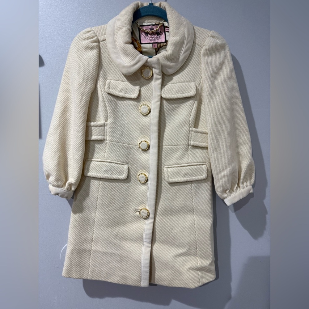 Juicy Couture Women's Pea Coat Jacket Wool Blend Double Breasted Cream Size P XS
